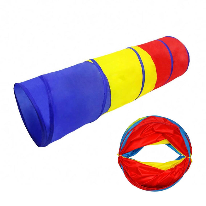 Foldable kids' crawl tunnel in bright trio colors: red, yellow and blue