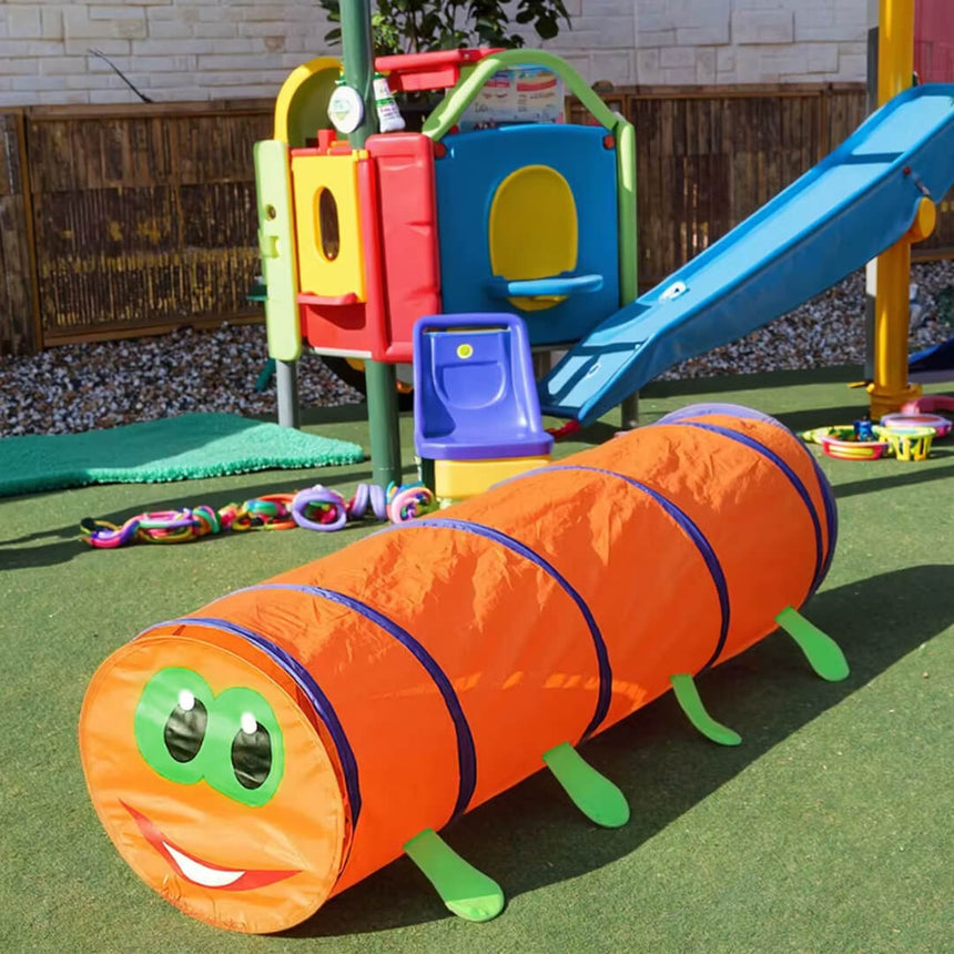 Orange pop-up play tunnel with caterpillar design