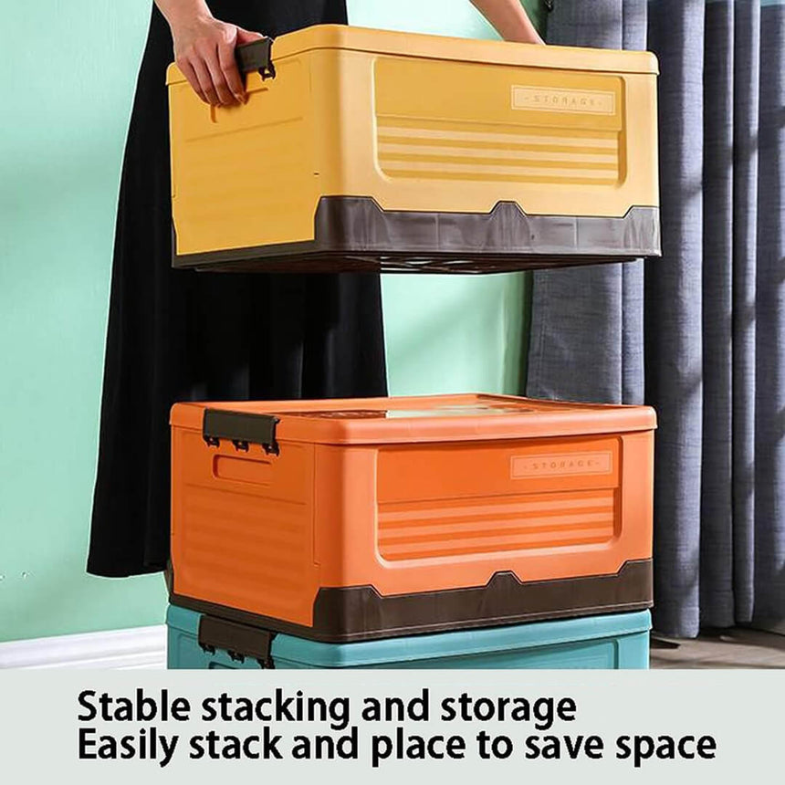 Stackable plastic storage boxes in orange, teal, and yellow colors with lids.