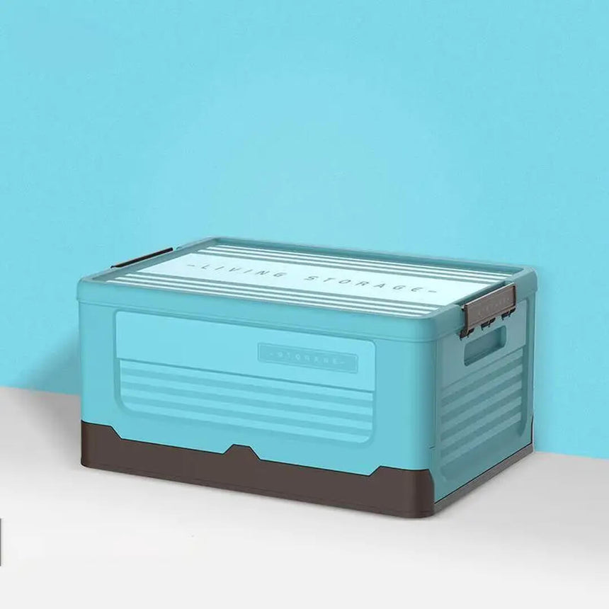 Stackable and foldable teal plastic storage box for home or garage