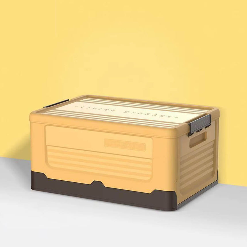 Durable yellow plastic storage box with secure lid and side handles.