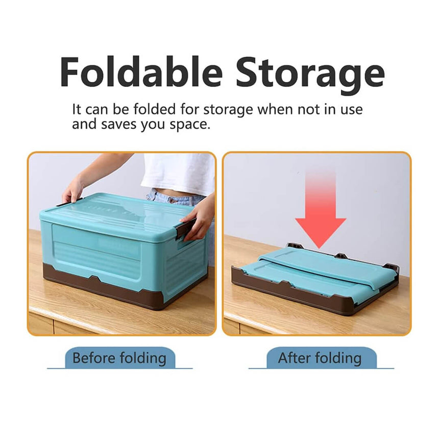 Stackable plastic storage box with a lid; it can be folded when not in use to save space.