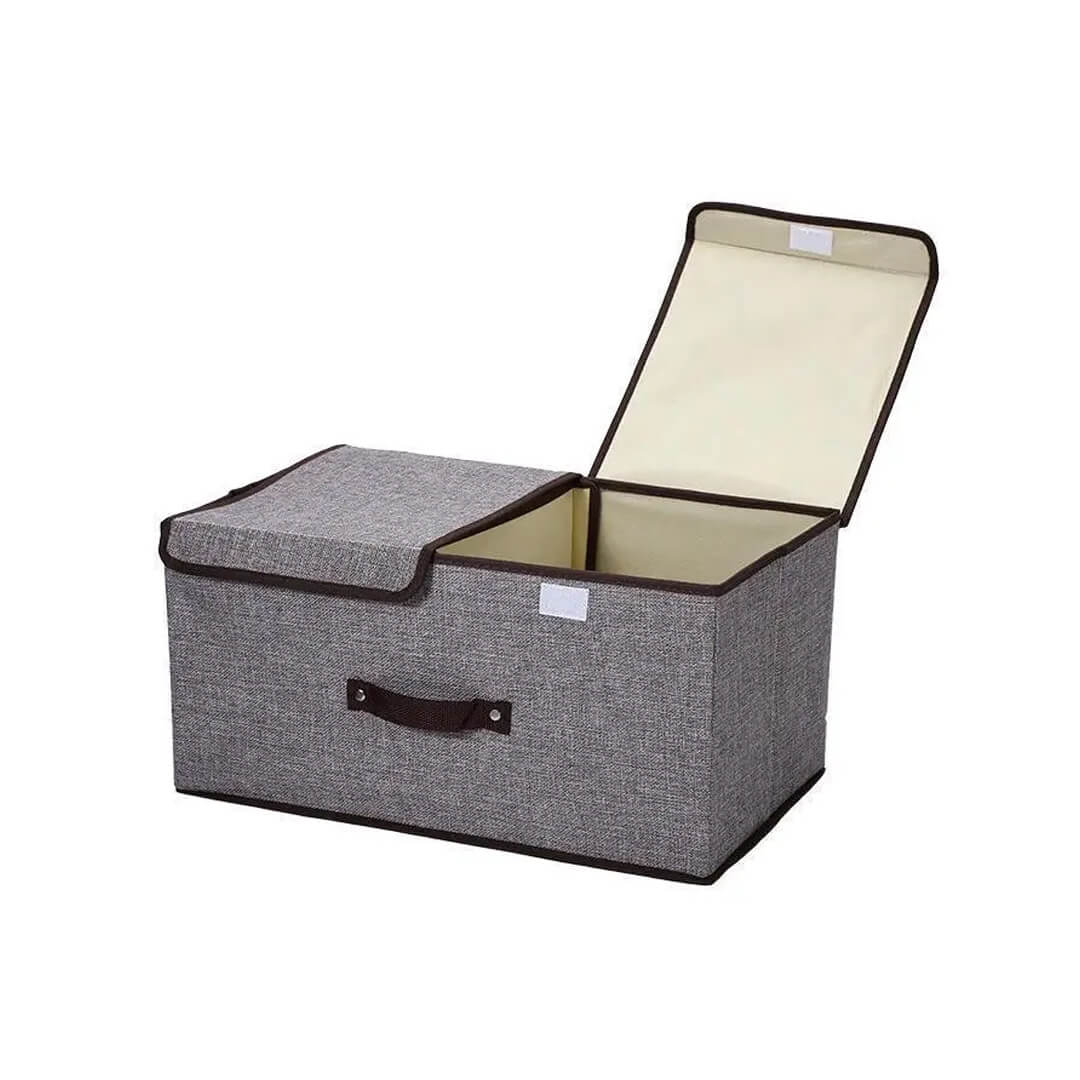 Foldable Storage box with lid, divider, and handles in gray color for clothes and accessories.