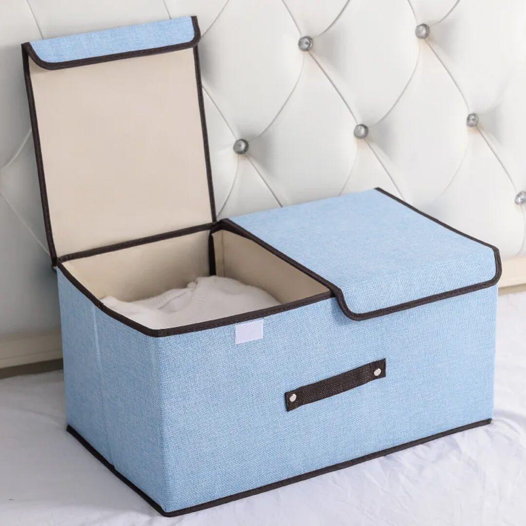 Foldable ,waterproof blue Storage box with lid, divider, and handles 