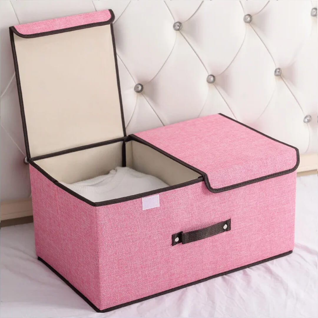 Storage box with lid, divider and handles in pink color