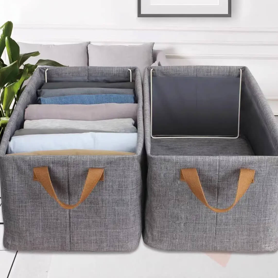 Fabric wardrobe organizer box in neutral grey color