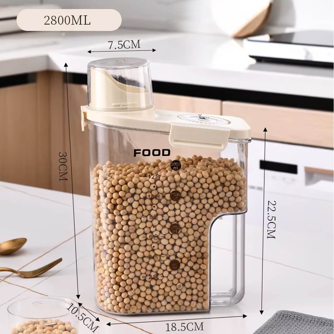 Dry food storage container for flour, rice, and pasta