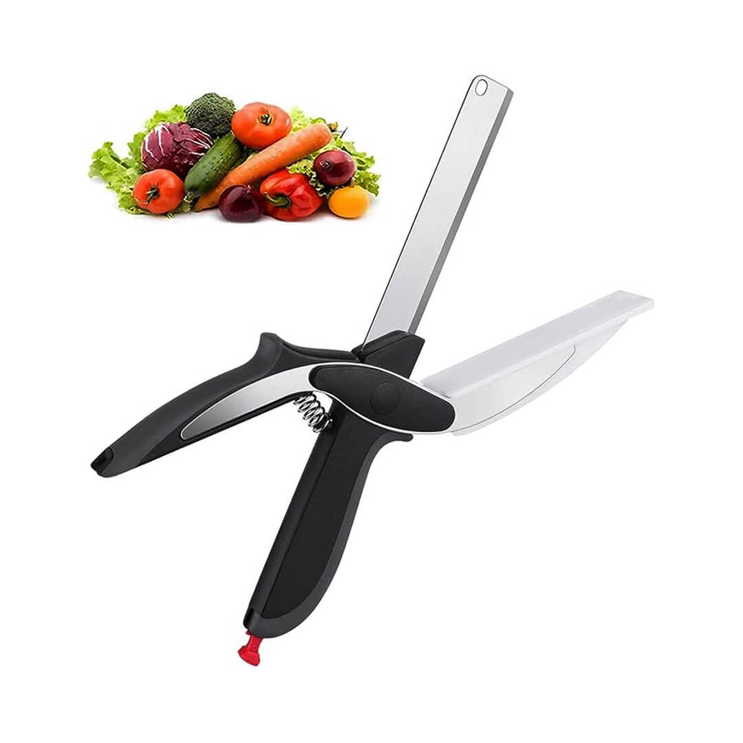 Stainless steel food cutter scissors with built-in cutting board