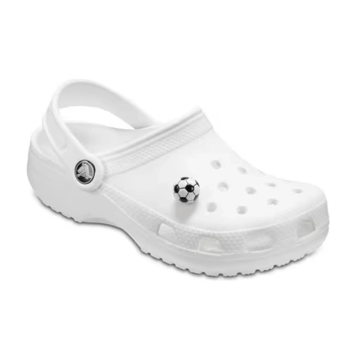 White clog shoe with decorative elements on a white background