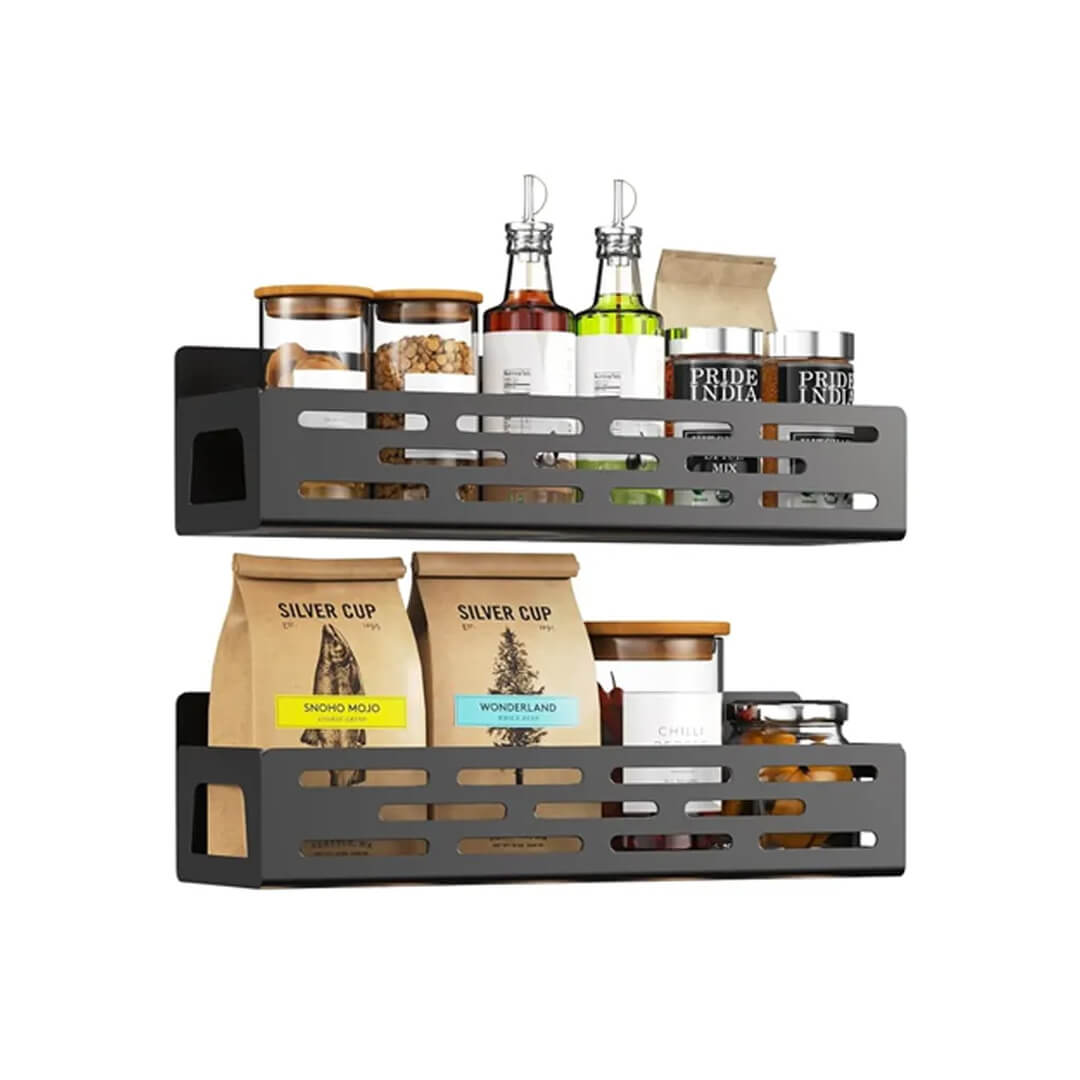 Close-up of magnetic spice rack holding kitchen essentials