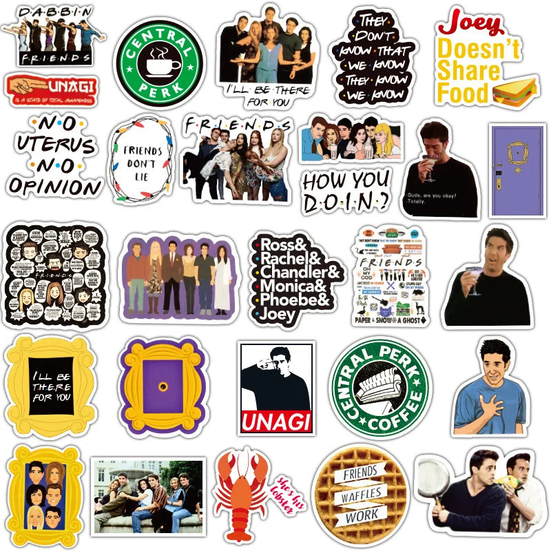 Collection of 'Friends' themed stickers featuring characters and quotes.