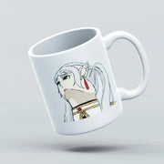 White mug with anime character design on a light gray background