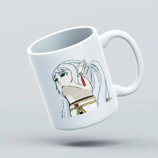 White mug with anime character design on a light gray background