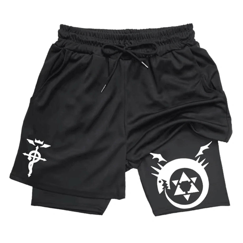 Black shorts with white symbols on a white background