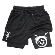 Black shorts with white symbols on a white background