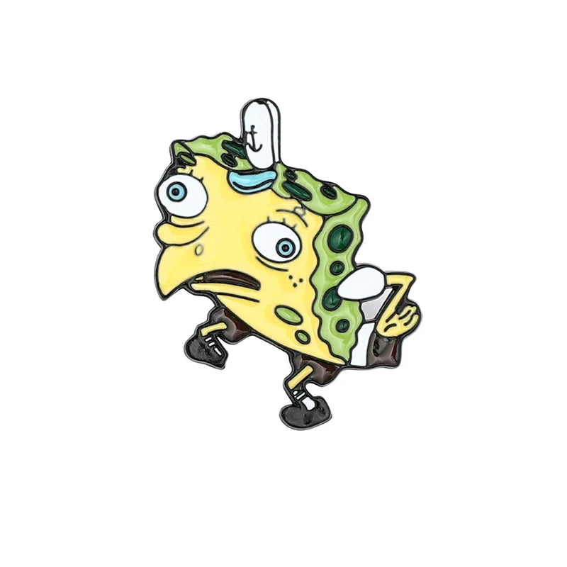 Enamel pin of a cartoon character with a surprised expression on a white background