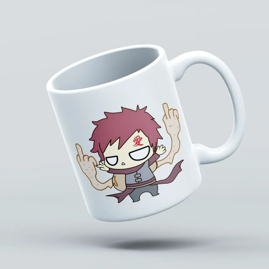 White mug with a cartoon character design on a light gray background