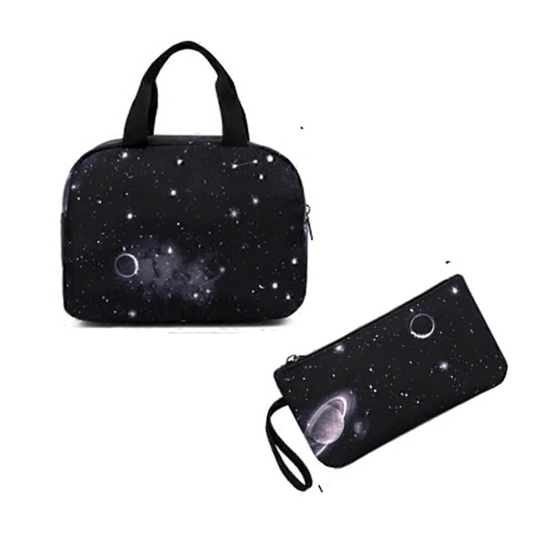 Starry galaxy lunch bag and pencil case set in black and grey