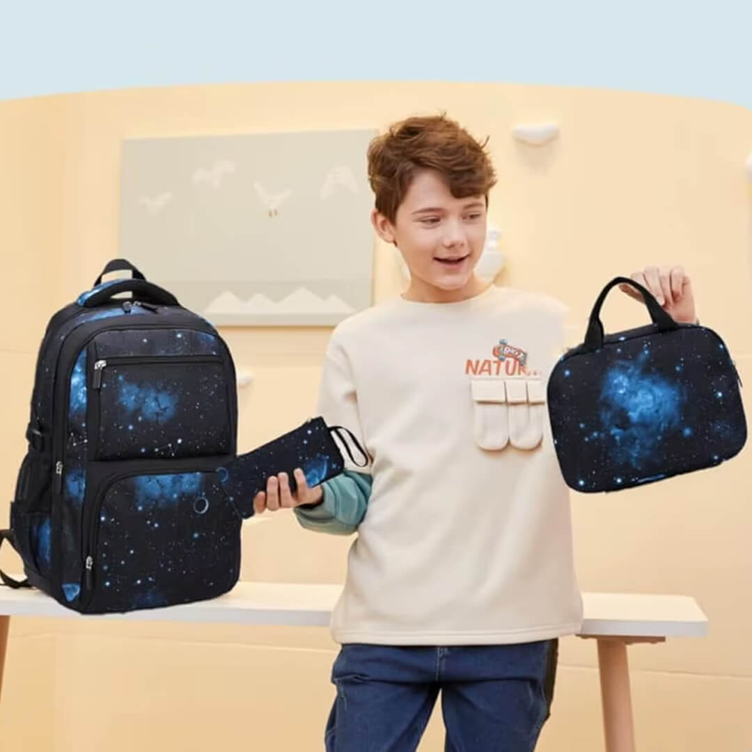 Backpack, lunch bag, and pencil case set with starry sky print for boys
