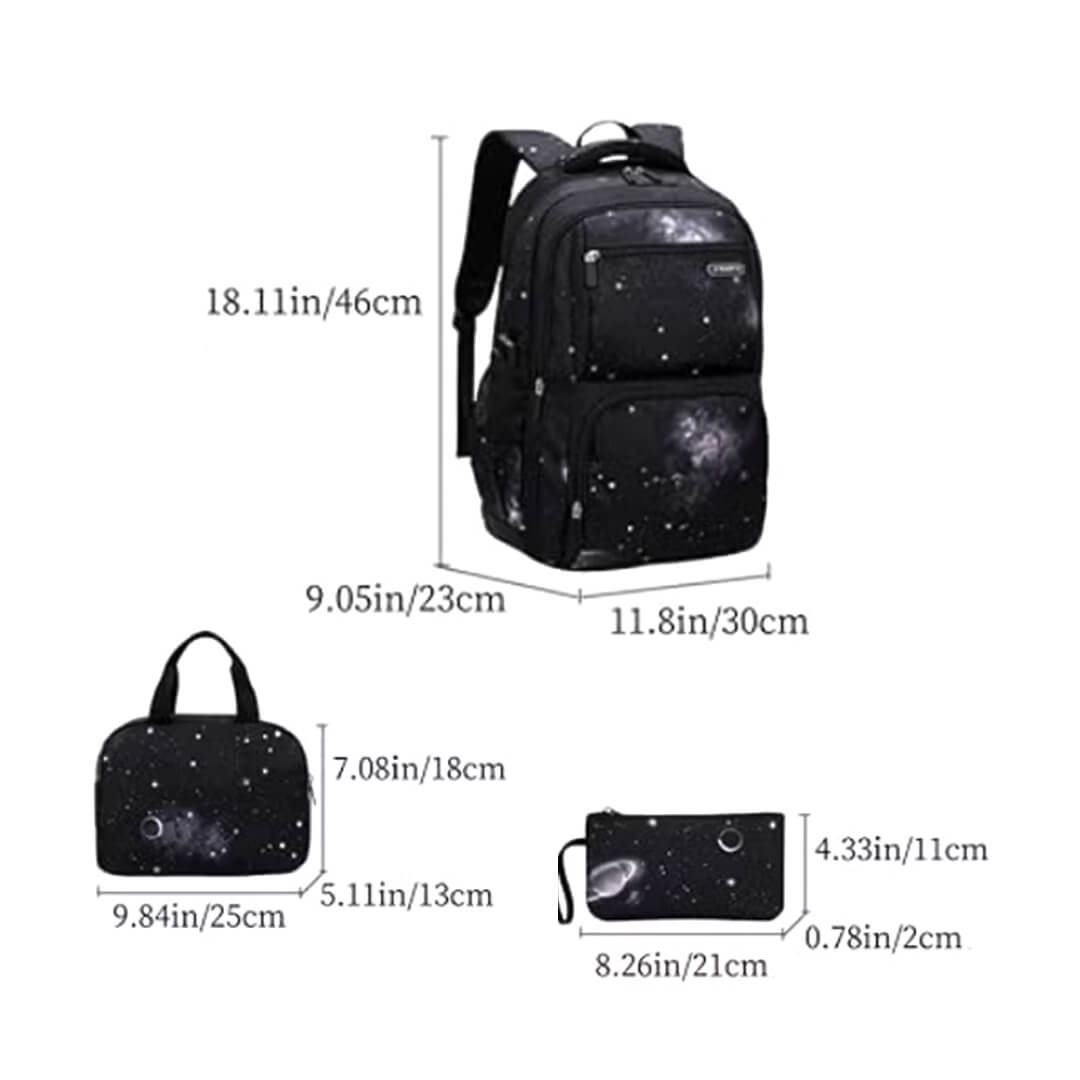 Dimensions of the Black Galaxy backpack, 3-piece set for grade 4 to 12 