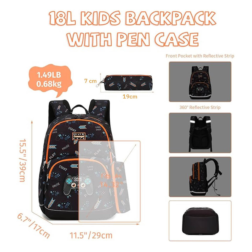 Stylish gamer backpack & pencil case for elementary students, dimensions