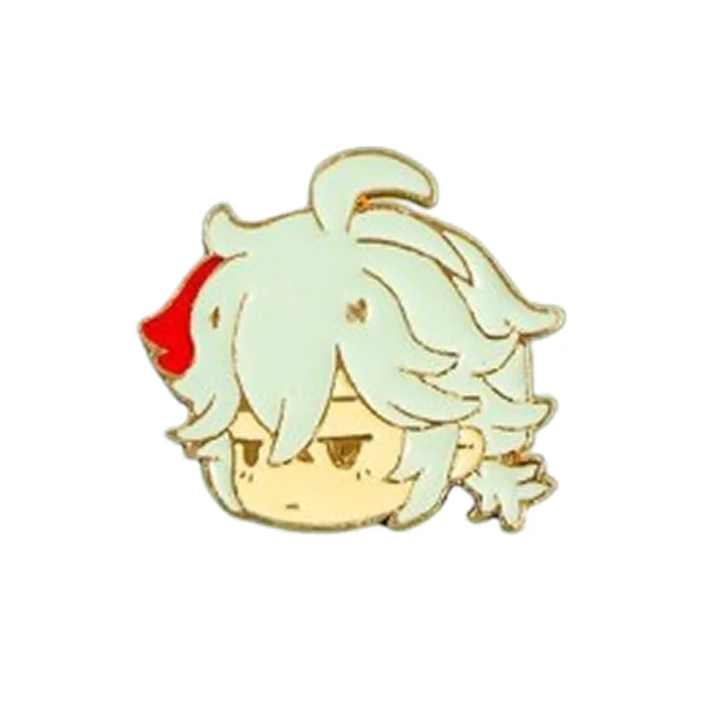 Pin with a cartoon character from Genshin Impact with light green hair and a red bow on a white background