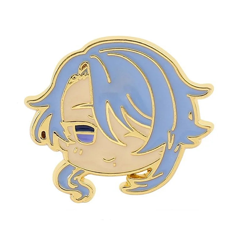 Pin with an anime-style character with blue hair on a white background