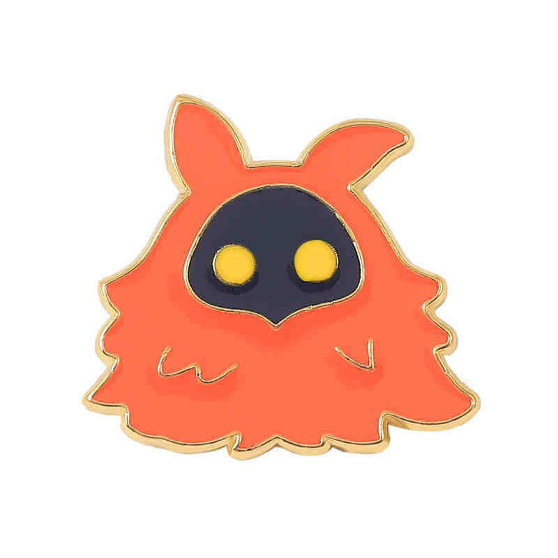 Orange cartoon-like character with black face and yellow eyes on a white background