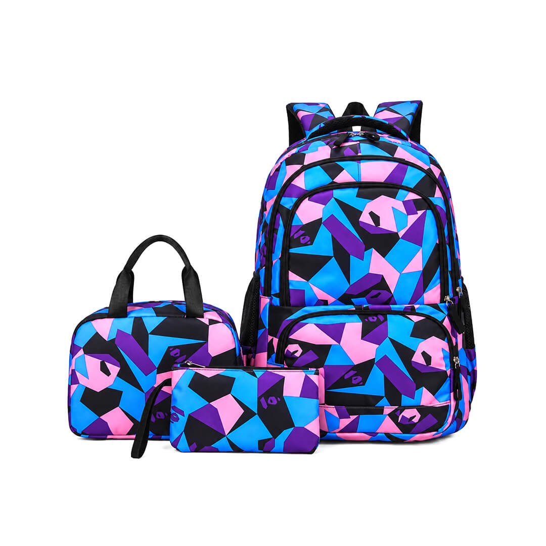 Tri-color geometric backpack set with pencil case and shoulder bag