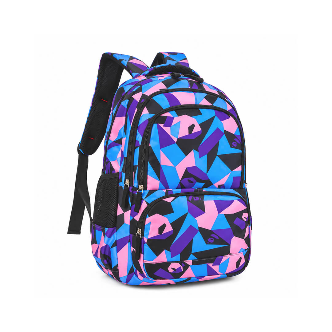 Mesh side pocket and black strap on colorful geometric backpack