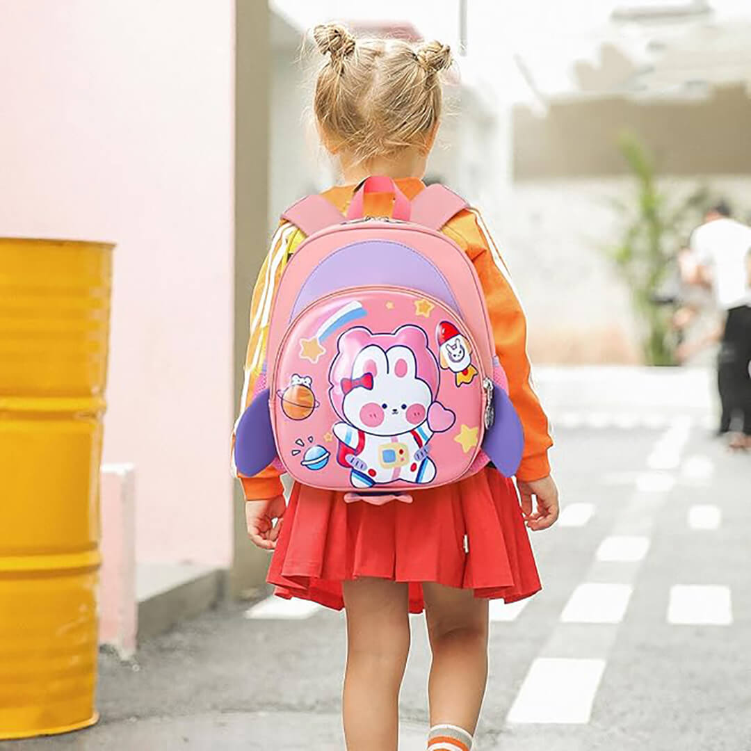 Girls pink astronaut rabbit backpack with hard shell front