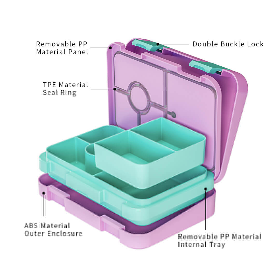 Bento school lunch box with removable inner tray and double buckle lock