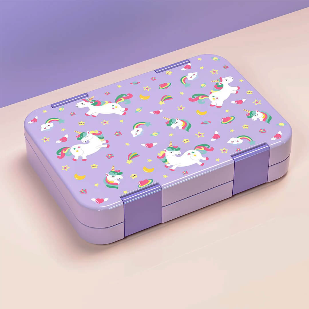 A rectangular purple bento lunch box with unicorn pattern