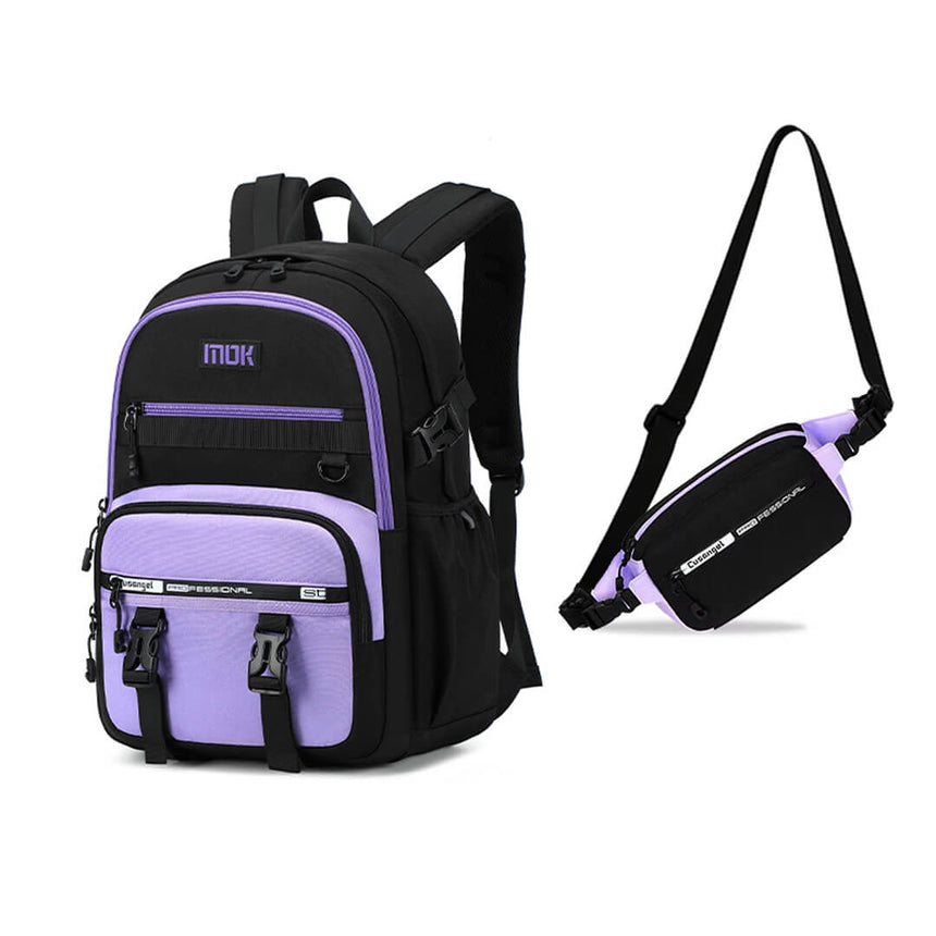 Girls' black and purple school backpack set with detachable crossbody bag