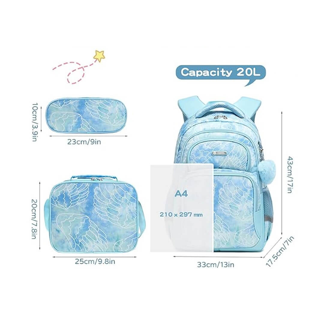 Large-capacity girls' school backpack with marching pencil case and lunch bag wings design