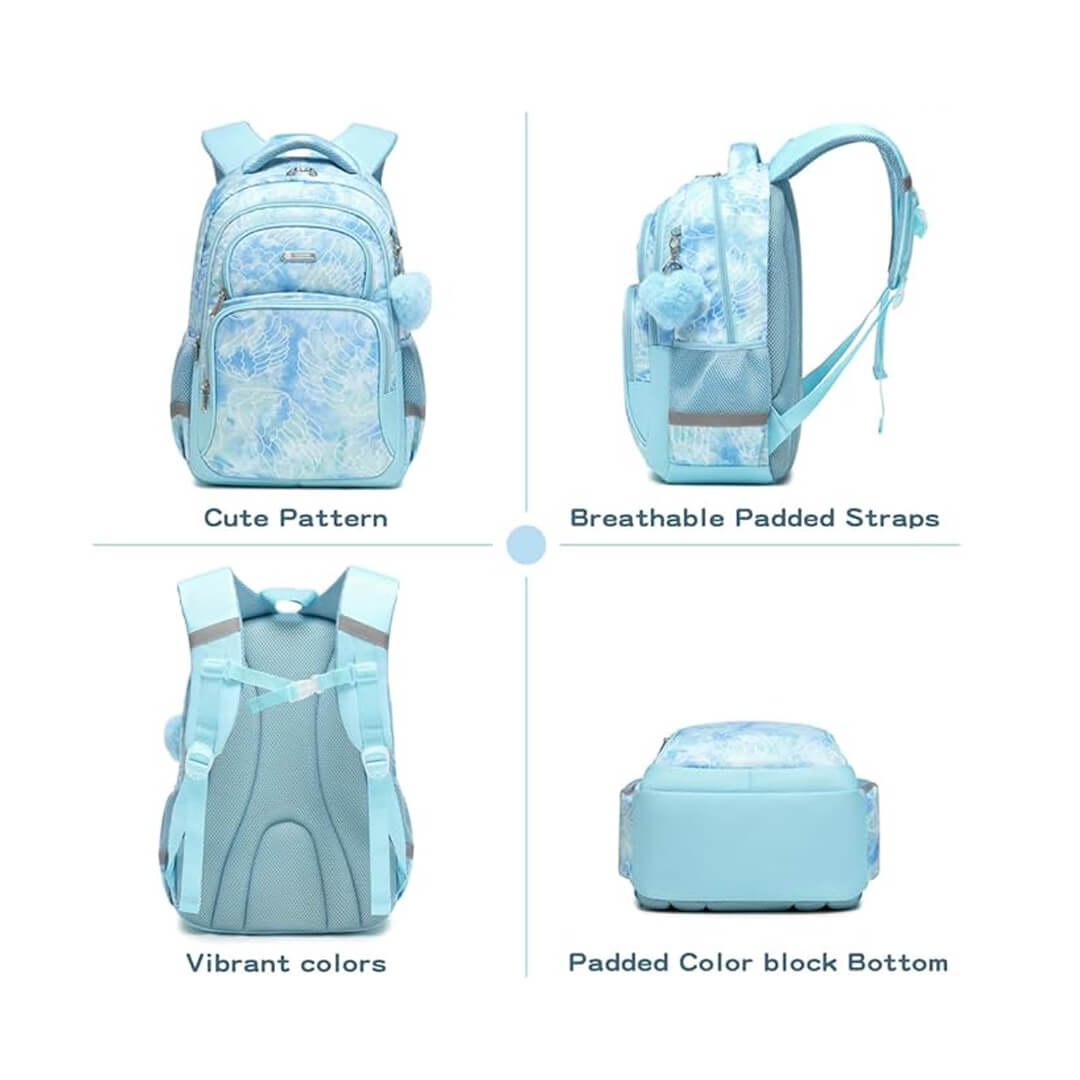 School backpack with multiple compartments, blue wings designs for grade 3 to 9