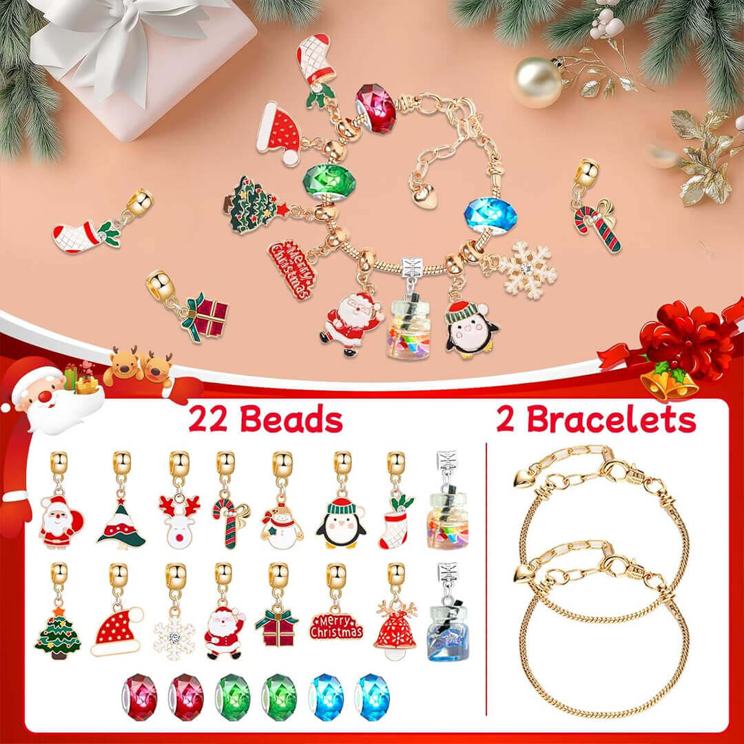 Charm bracelet and bead set in advent calendar compartments