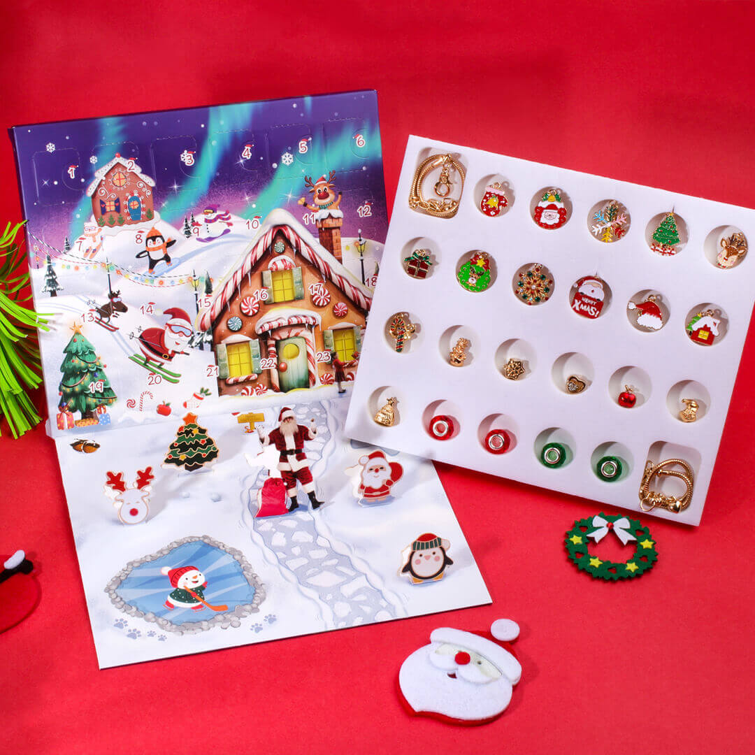 Close-up of festive charm beads included in advent calendar