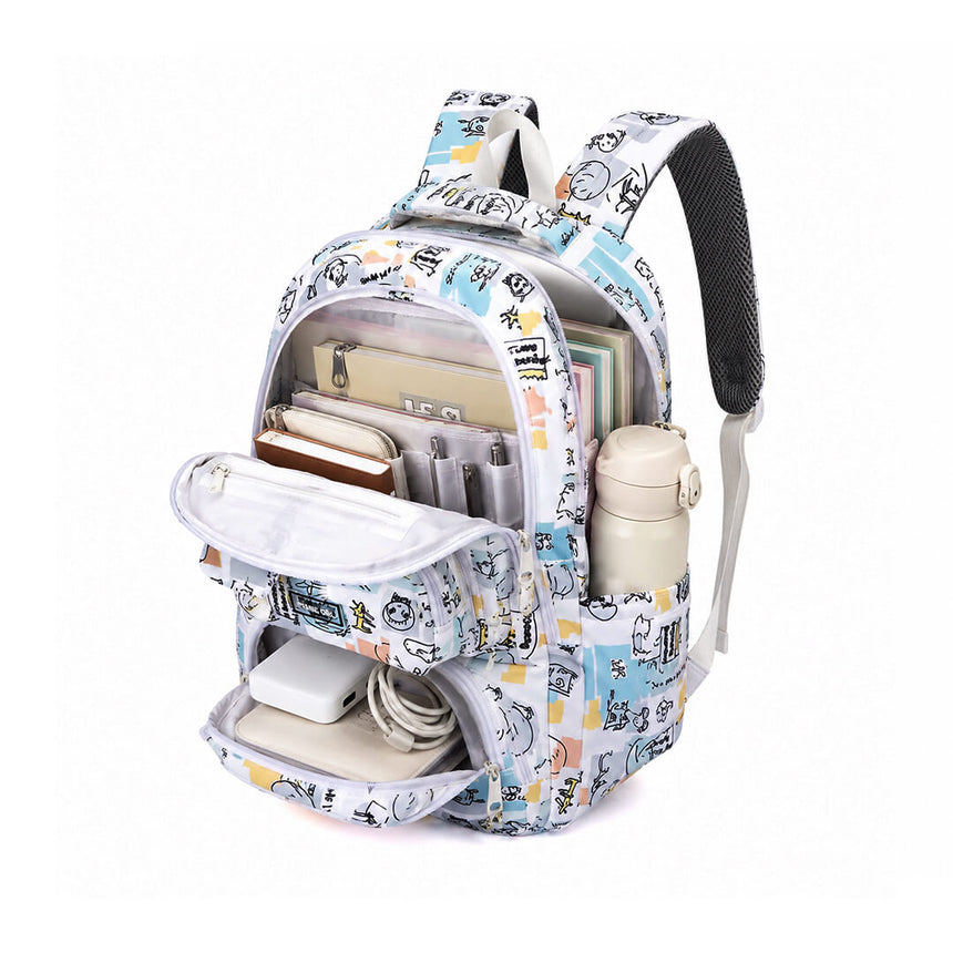 Girls' white backpack with colorful doodle print for grades 5 to 12