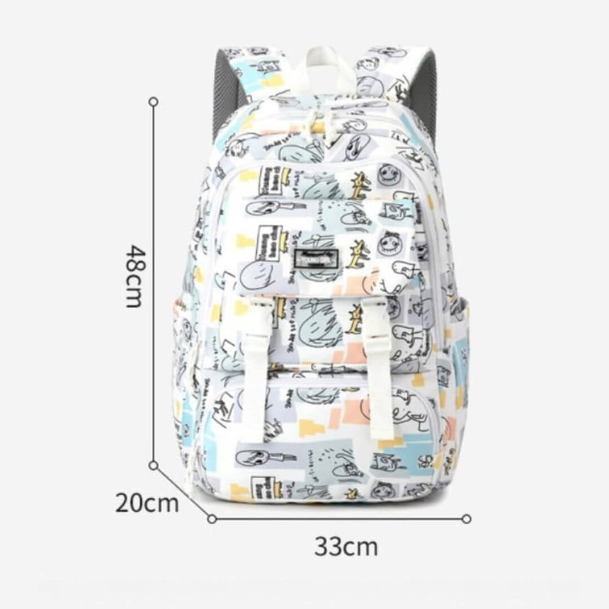 Doodle print backpack with multiple storage compartments