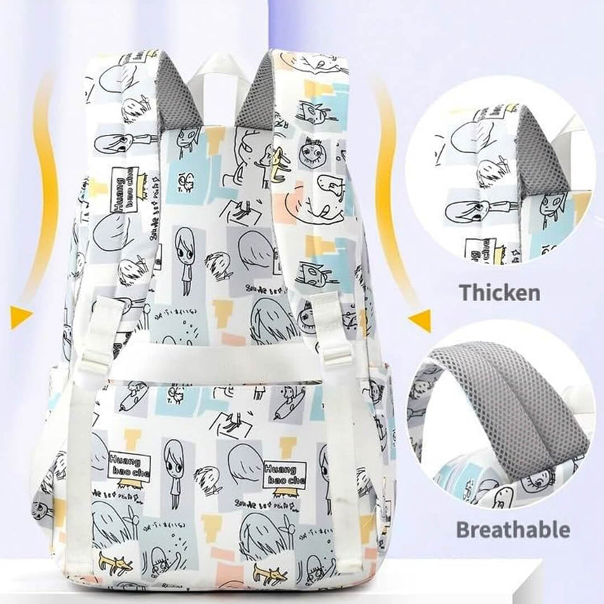 Doodle print backpack with multiple storage compartments