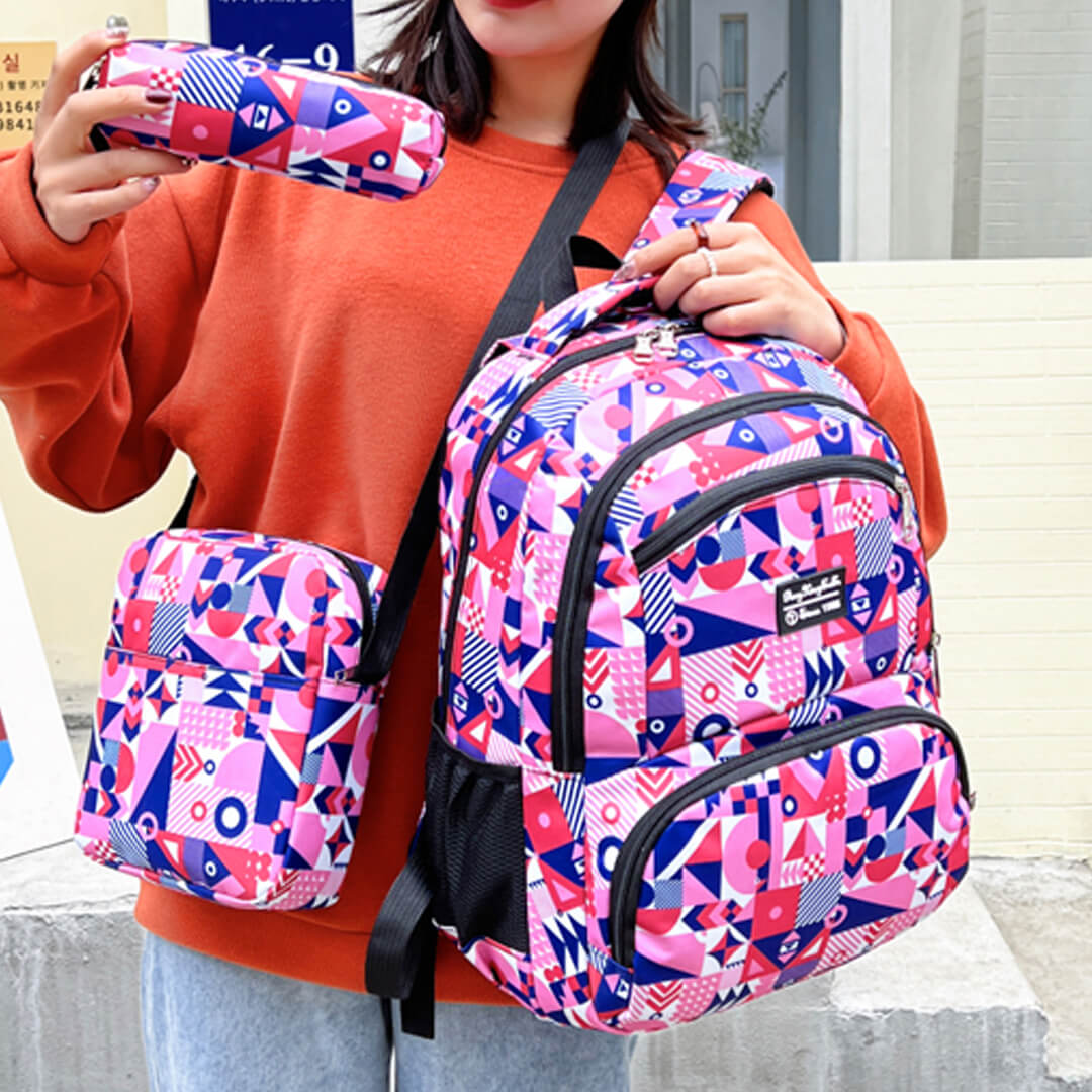 Girls Colorful Shapes Backpack Set For Grades 3-9