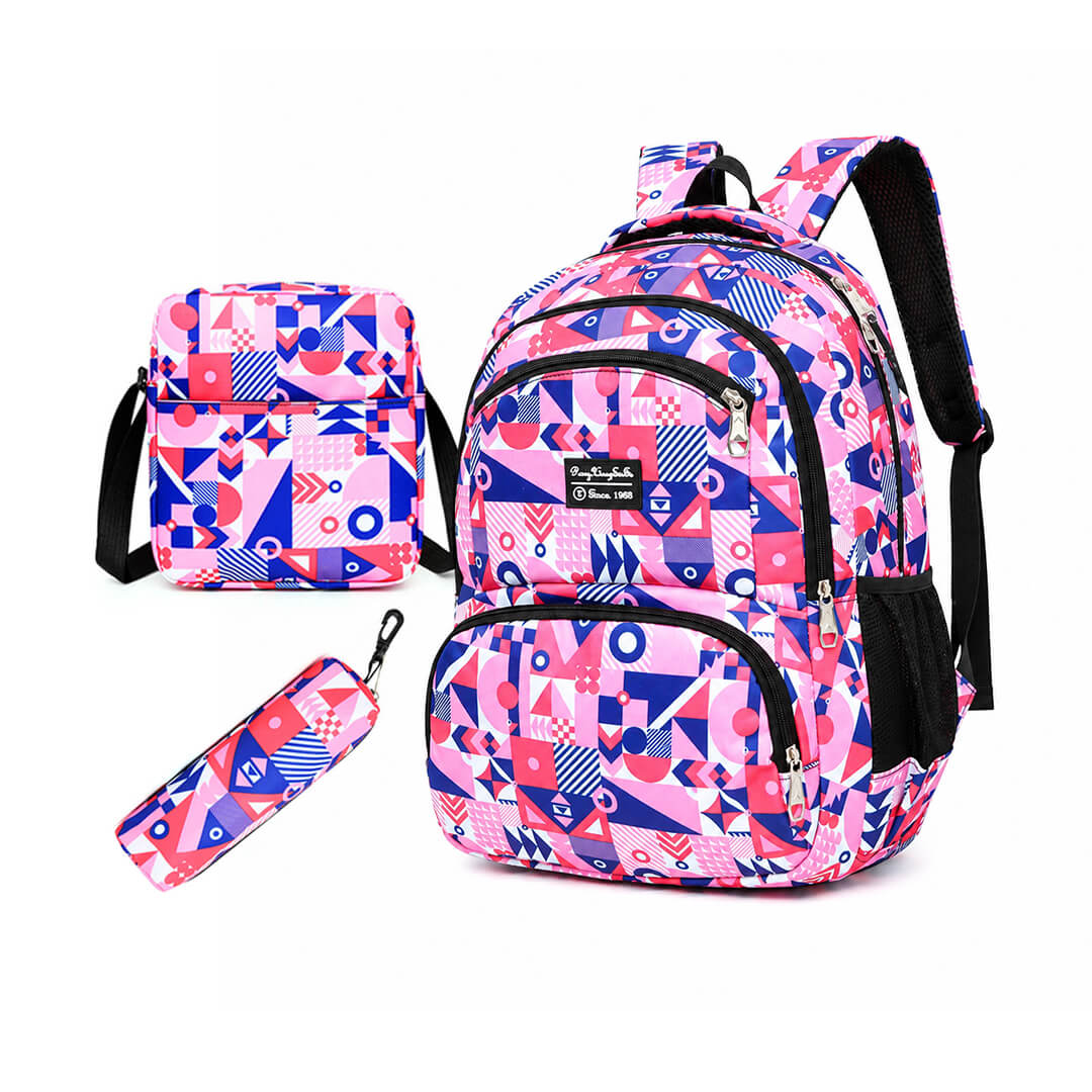 A matching backpack, lunch bag, and pencil case set with a vibrant geometric pattern in pink, blue, and purple