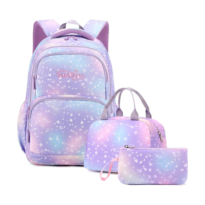 Starry purple backpack with matching lunch bag and pencil case for girls