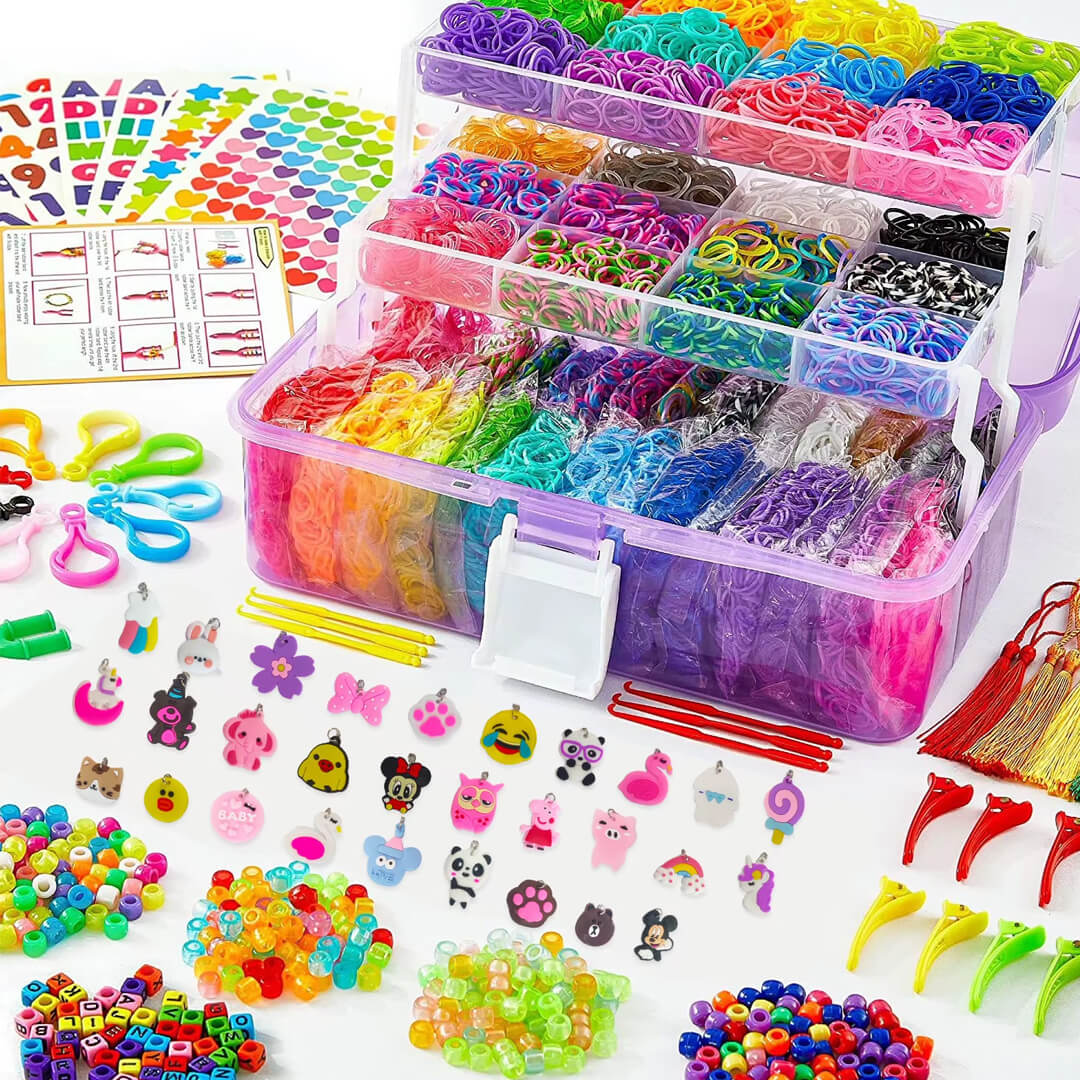 Girls rubber band bracelet making kit with colorful beads and charms