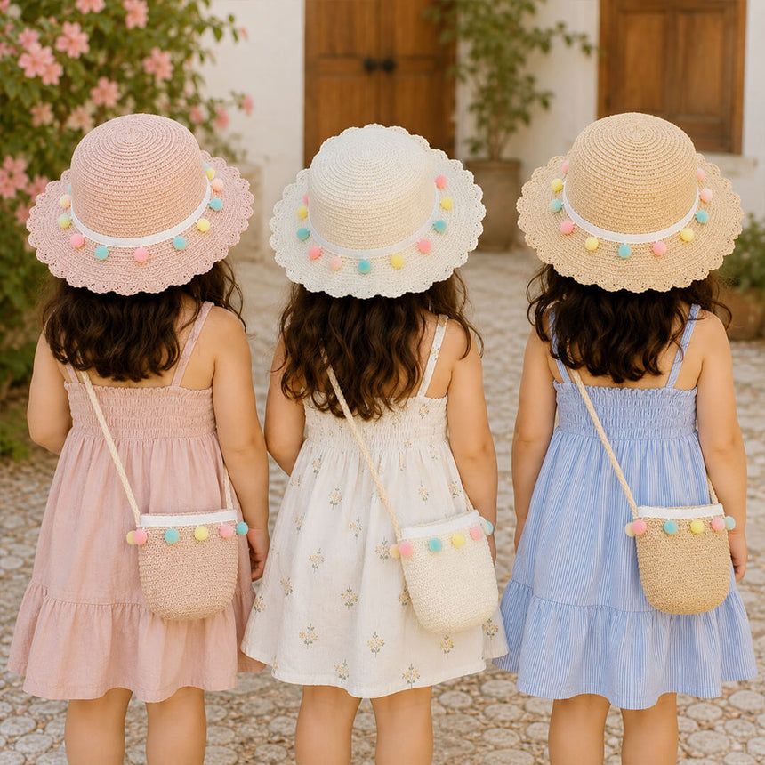Girls' straw beach hat with matching woven shoulder bag