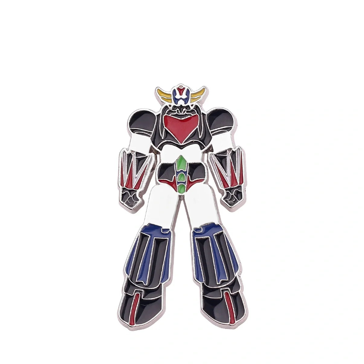 An enamel pin shaped like the Robotech M-102 Armageddon robot, featuring a white body with black, red, blue, green, and gold accents, set against a plain white background.