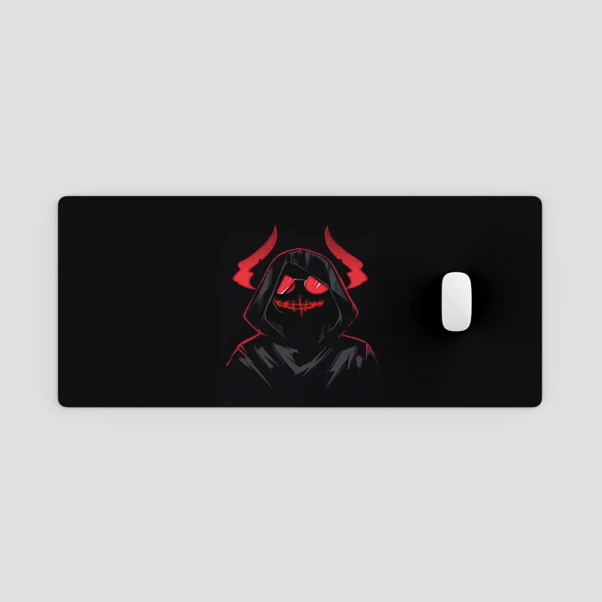 Black mouse pad with a hooded figure design on a light gray background