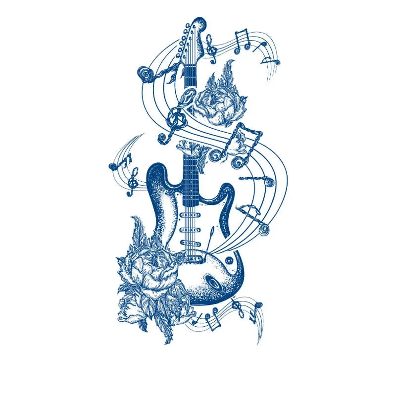 guitar with music notes jagua tattoo design