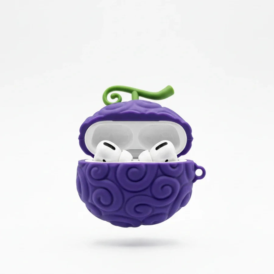 Purple case with white earbuds on a white background
